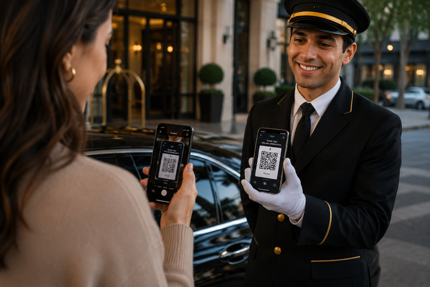 Valet attendant showing a guest an EZTipr QR code for instant tipping.