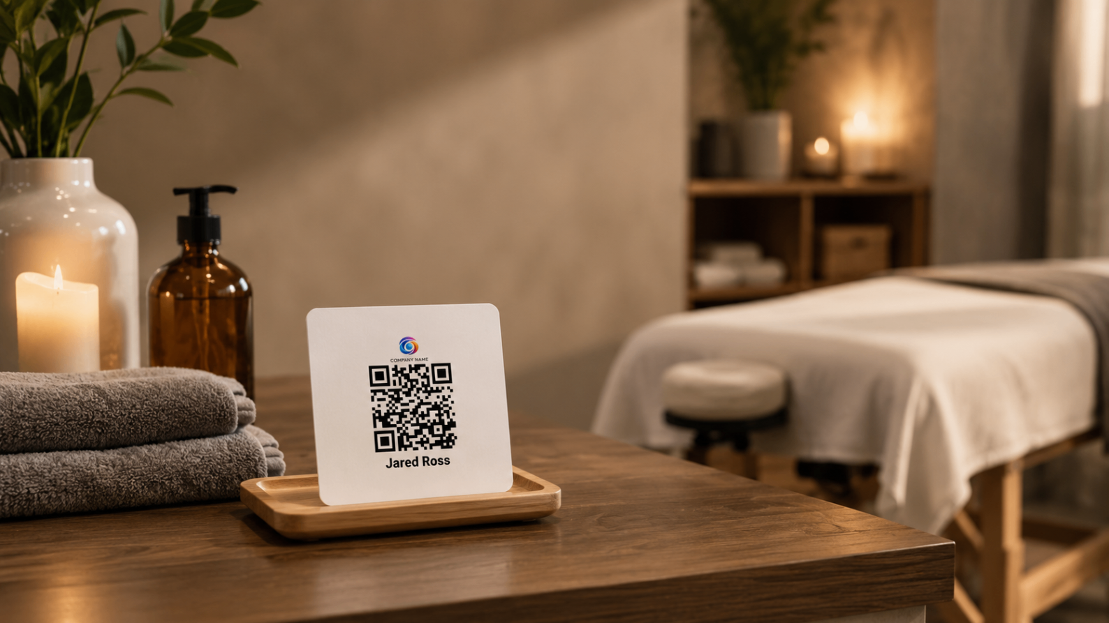 Spa room with an EZTipr QR display card placed beside a massage table.
