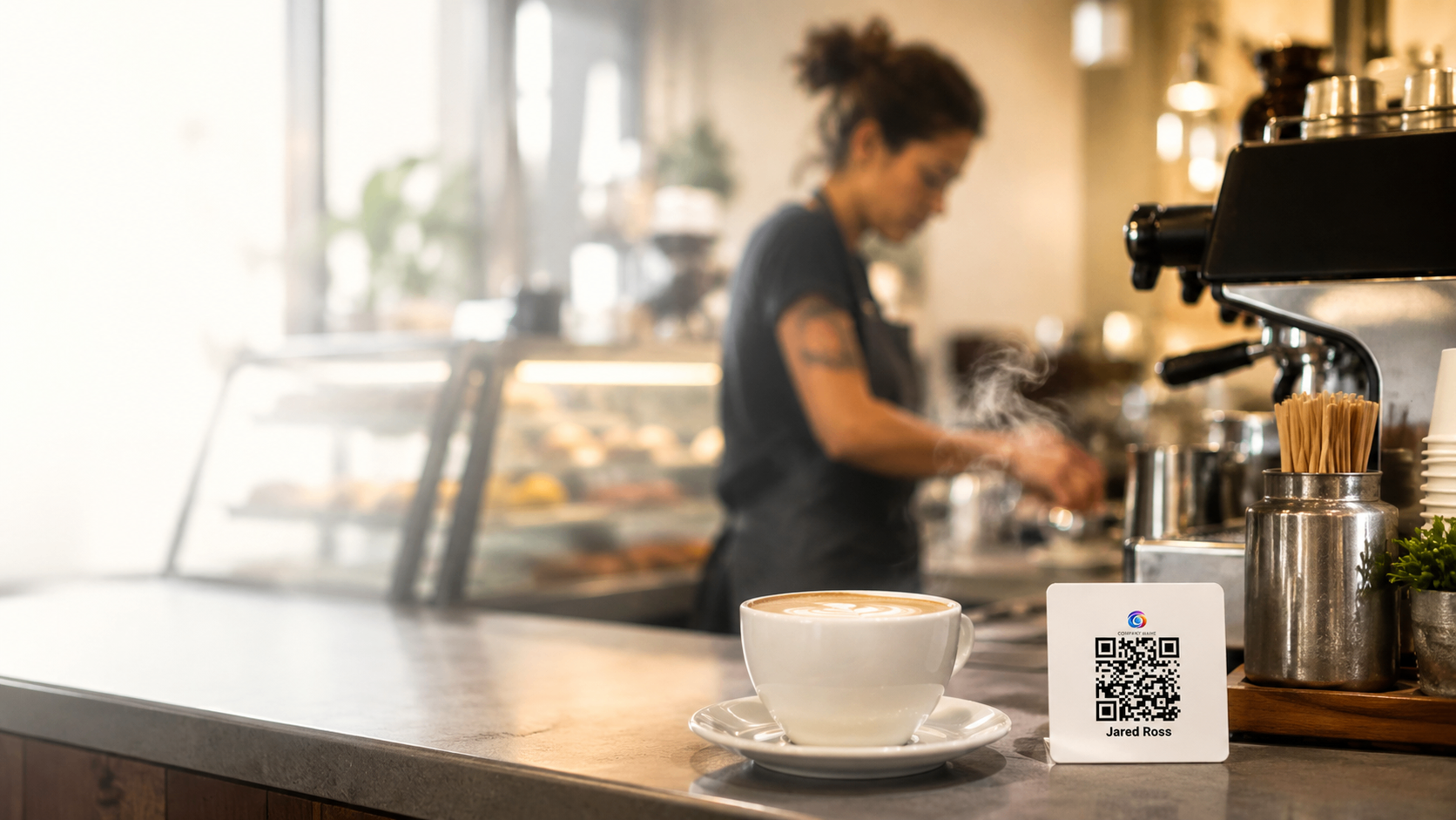 Coffee shop counter with an EZTipr QR display card beside a latte.