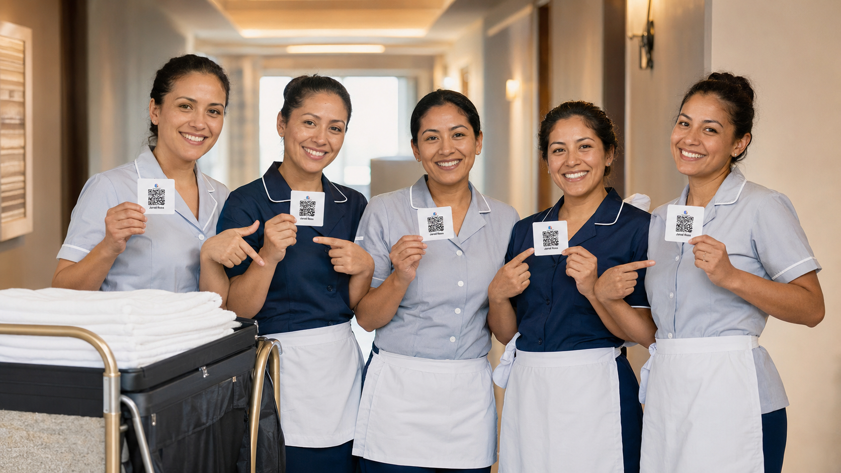 Five hotel housekeepers in matching uniforms holding personalized EZTipr QR tip cards in the hallway.