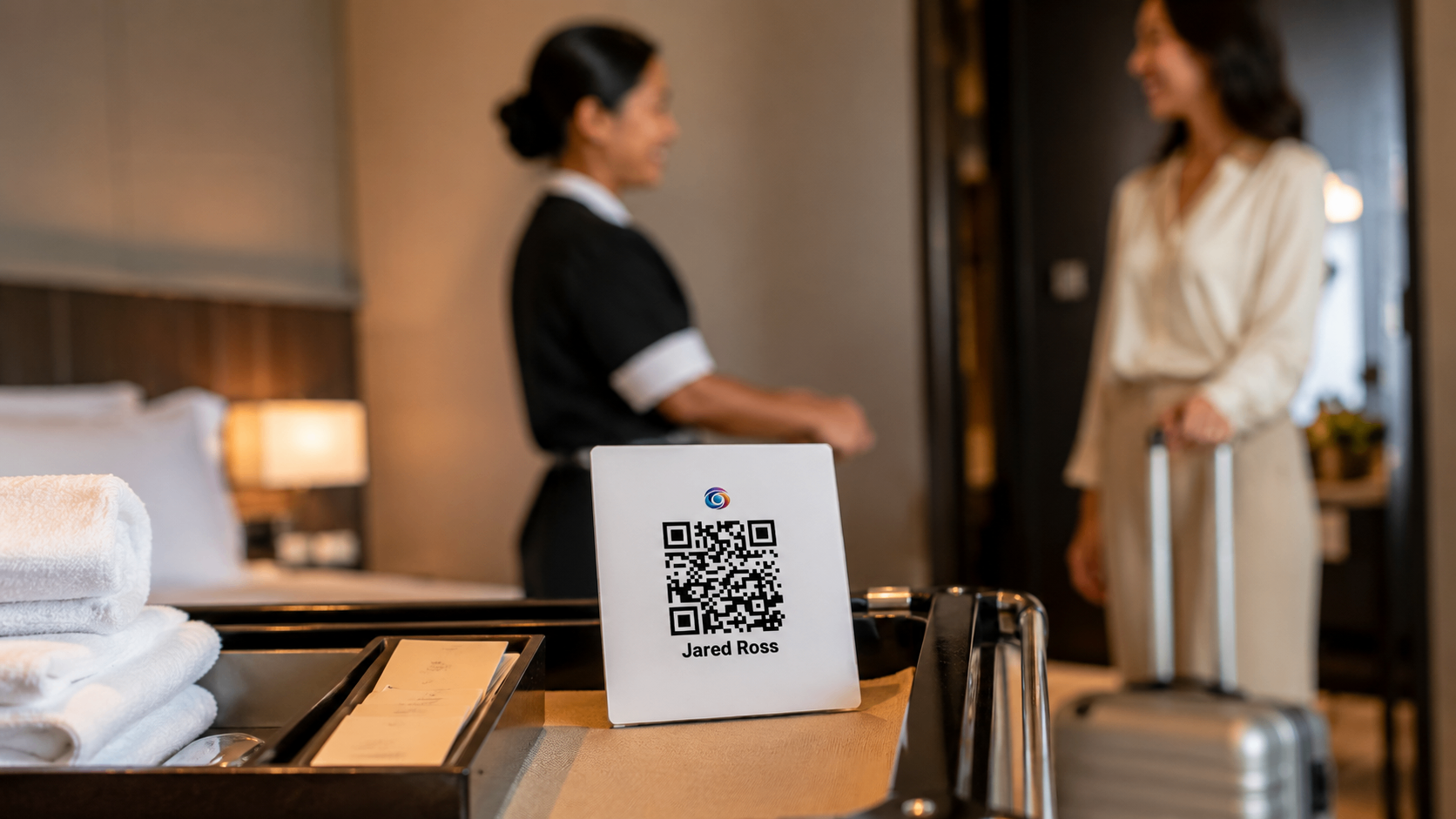 Hotel room attendant with an EZTipr QR display card ready for guest tipping.