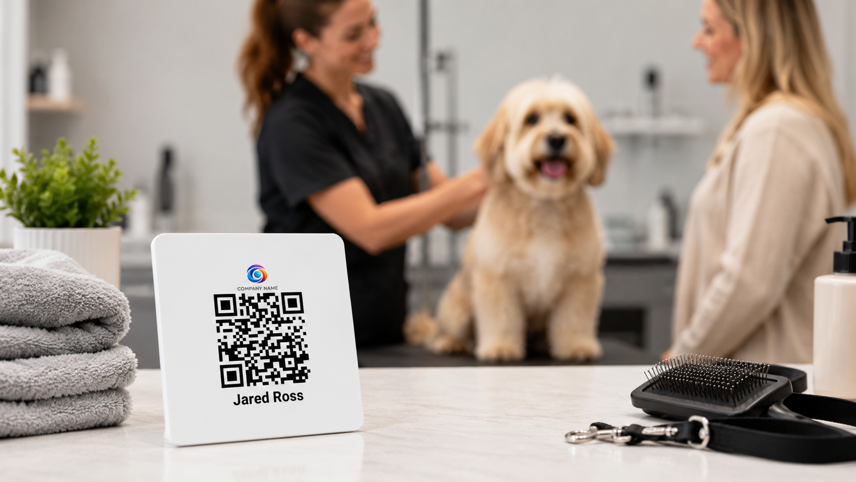 Dog grooming appointment with an EZTipr QR display card on the counter.