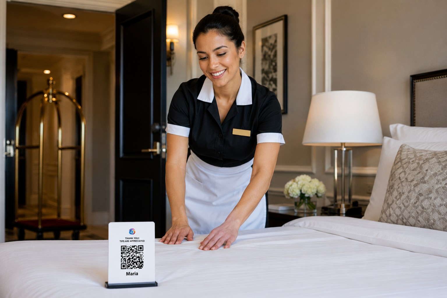Hotel housekeeping scene with an EZTipr QR display card on the bed.