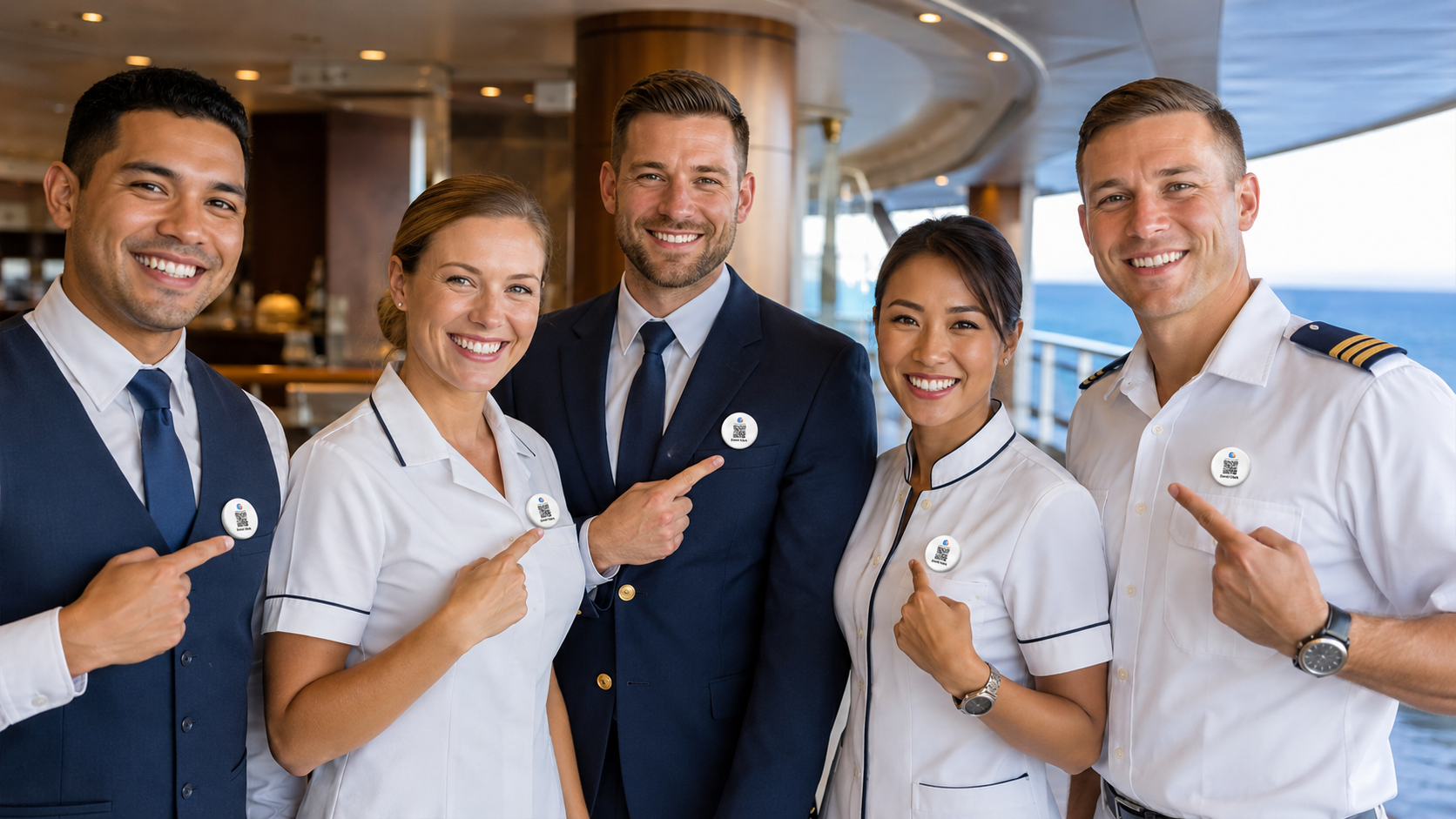 Cruise ship crew — bartender, stateroom attendants, hotel director, and officer — pointing at personalized EZTipr QR pins.