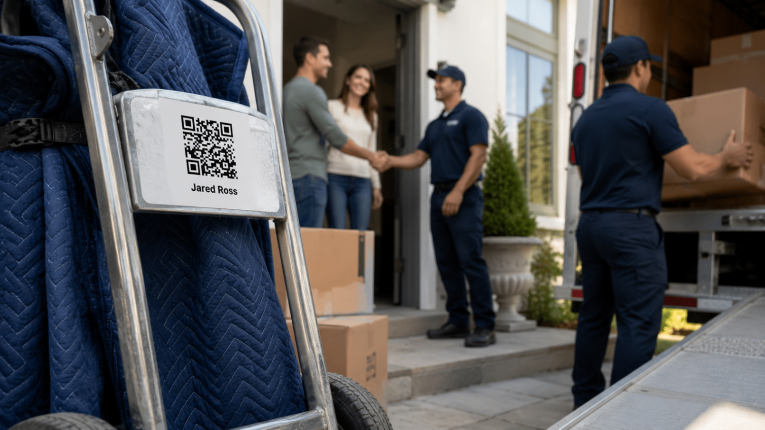 Moving crew on a home delivery with an EZTipr QR sign attached to the dolly.