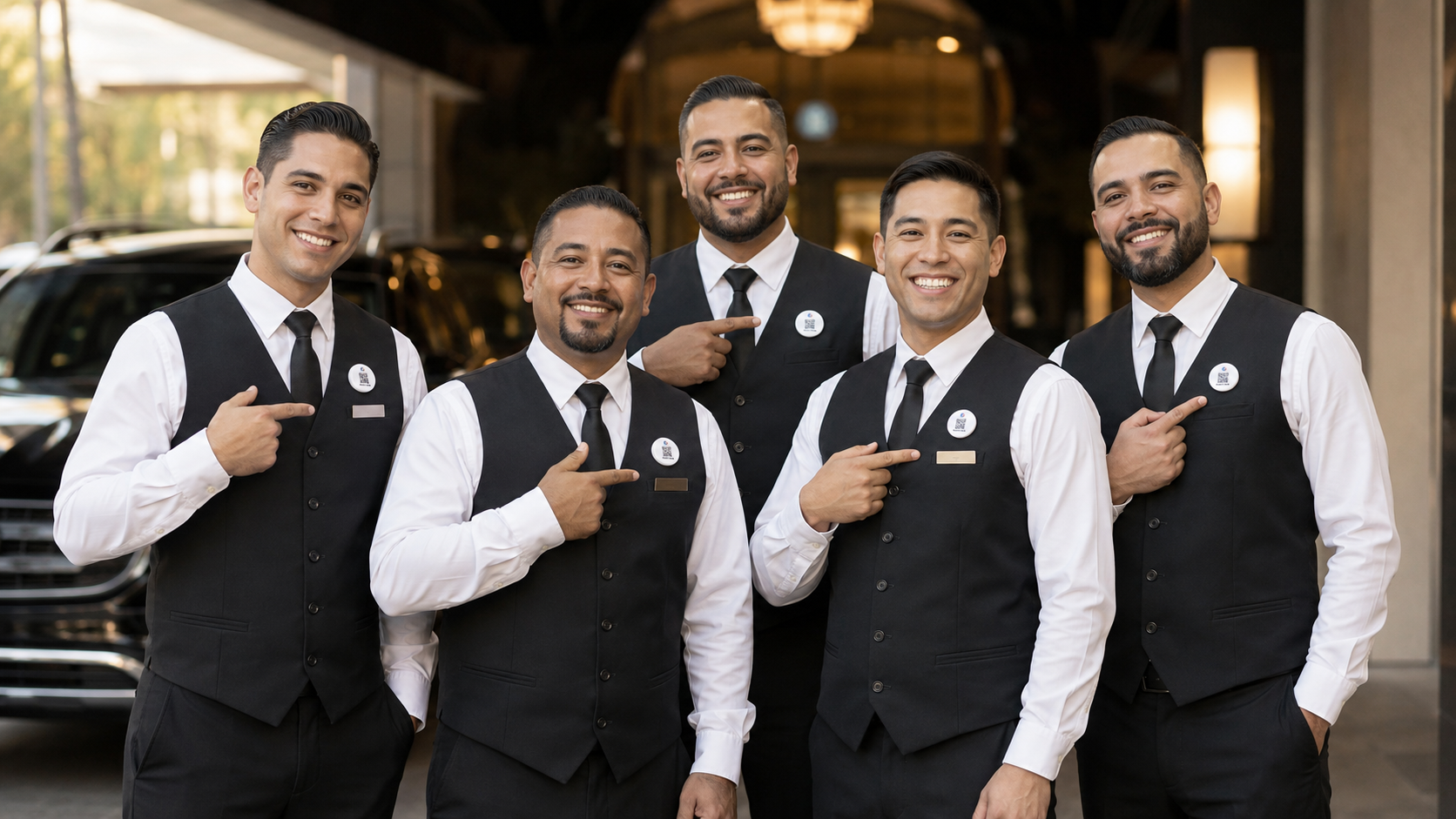 Five valet attendants in branded vests pointing at EZTipr QR pins on their uniforms outside a luxury hotel.