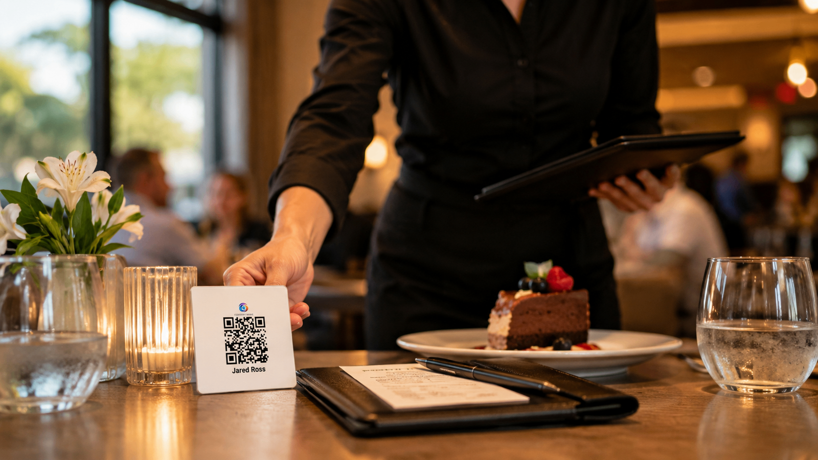 Restaurant table service with an EZTipr QR display card set beside the check presenter.