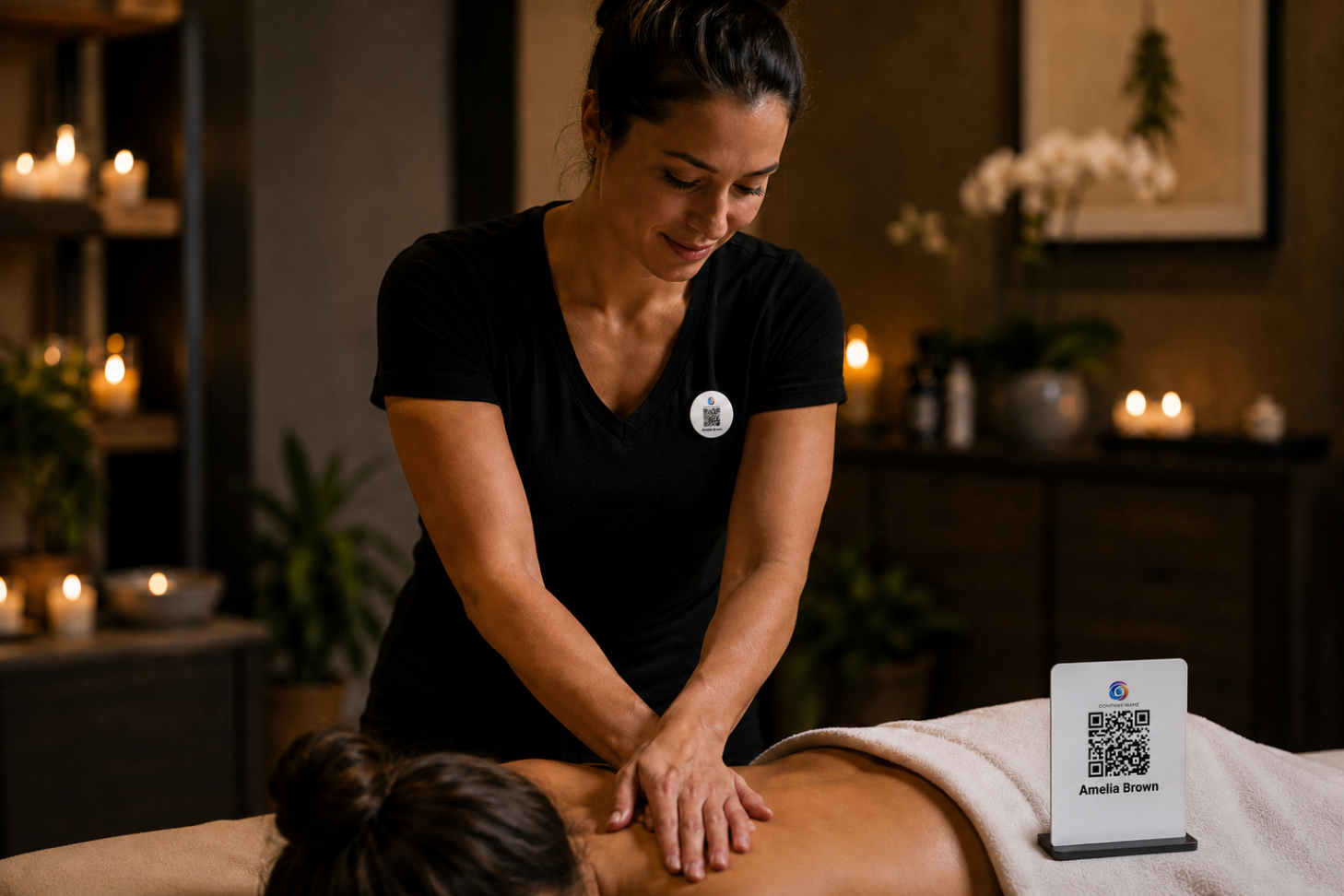 Massage therapist using an EZTipr QR pin during a spa treatment.