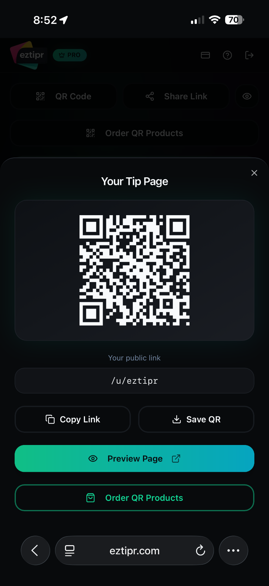 EZTipr Pro dashboard on iPhone showing personal QR code and share options