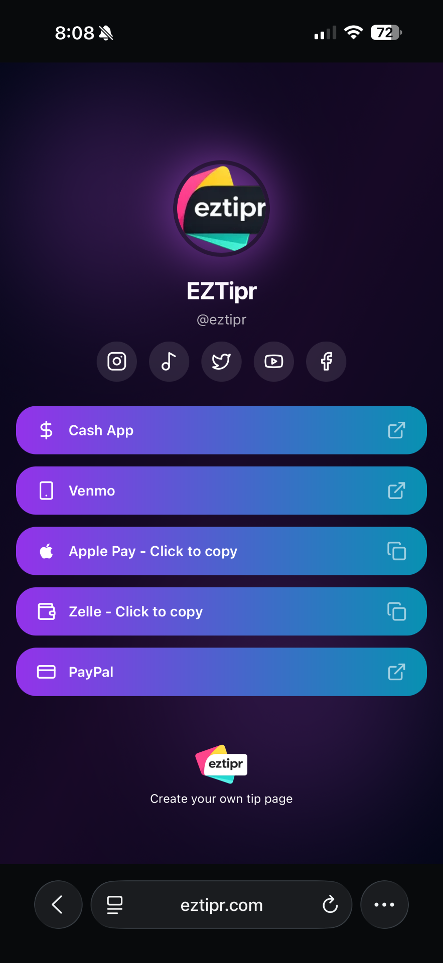 EZTipr live tip page on iPhone showing Cash App, Venmo, Apple Pay, Zelle and PayPal
