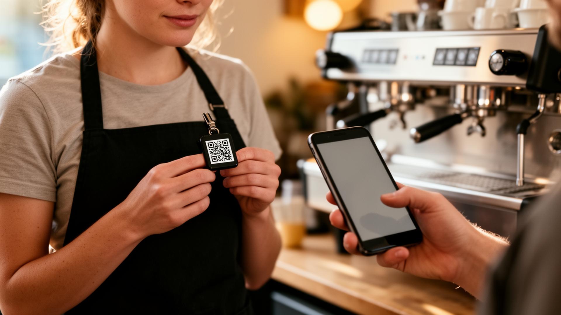 Barista in a black apron showing a customer a QR code pin to scan and tip her digitally at a coffee bar