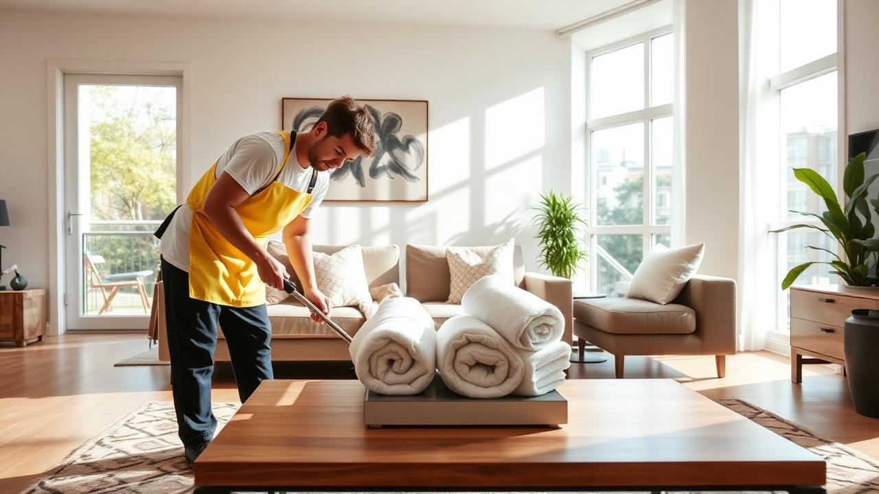 Professional Airbnb cleaner finishing up a beautifully styled short-term rental living room with fresh towels rolled on a coffee table
