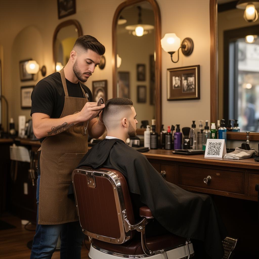 Barber finishing a haircut with a QR code displayed on the mirror for digital tipping