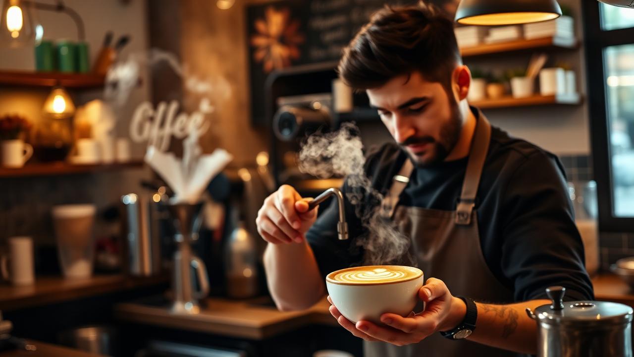 Barista preparing a latte art coffee with a QR code displayed on the counter for digital tipping