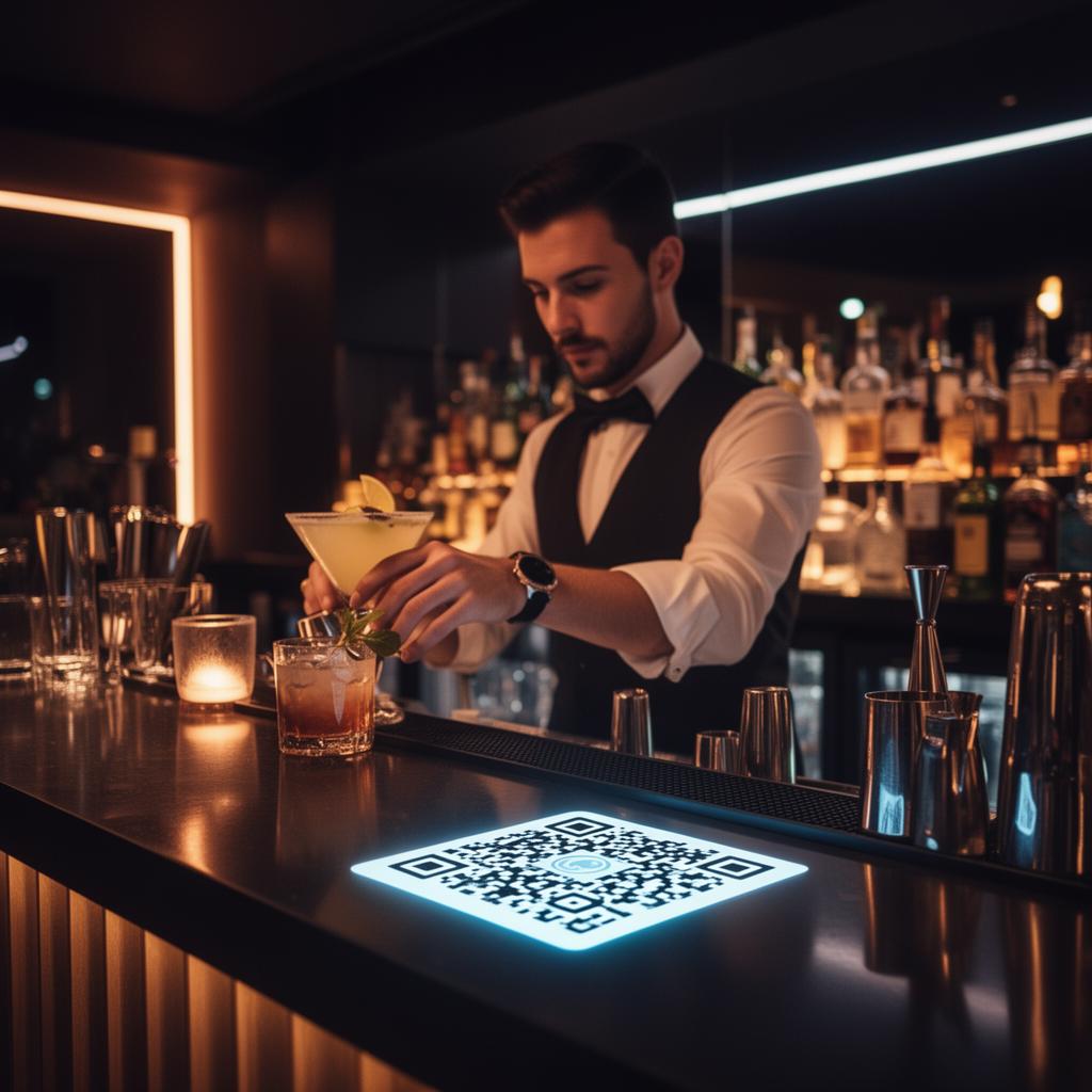 Bartender serving cocktails at a modern bar with a glowing QR code on the counter for digital tipping