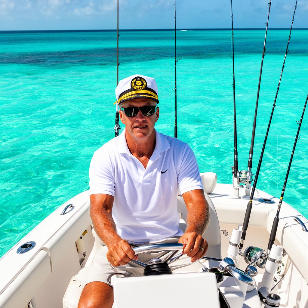 Charter fishing boat captain at the helm in tropical turquoise waters with fishing rods in rod holders