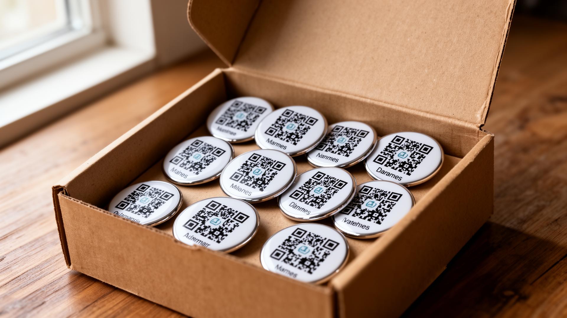 Operations team unboxing branded QR pins from a bulk Printful order