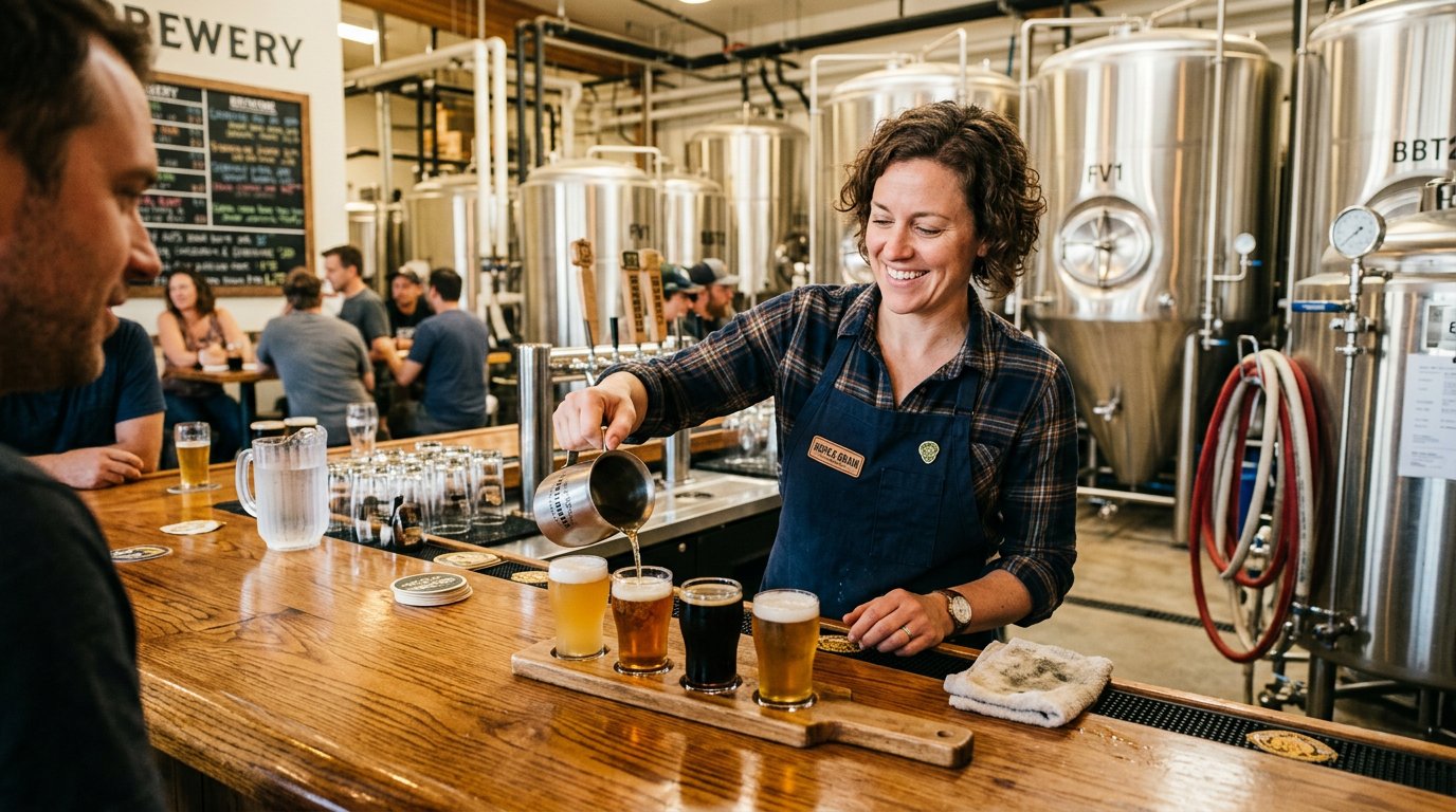Professional bartender pouring a colorful craft beer flight at a wooden tasting room bar with stainless steel brewing tanks behind them.