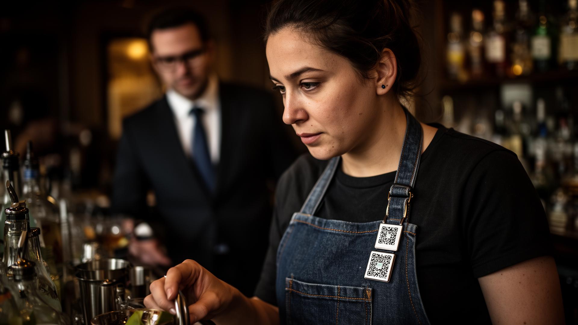 Bartender behind a dimly lit cocktail bar wearing a QR code tip pin on her denim apron with a manager standing in the background