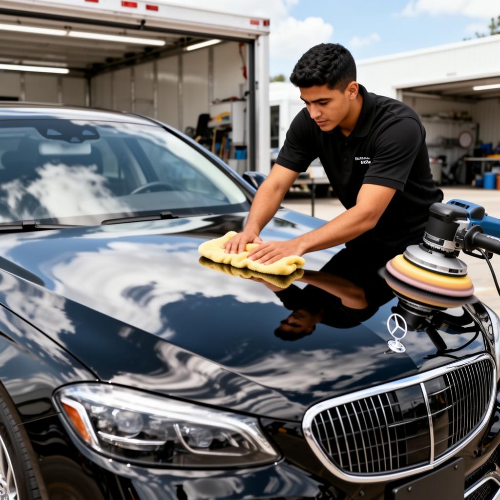 Professional auto detailer hand-polishing the hood of a black luxury car with a microfiber cloth outdoors
