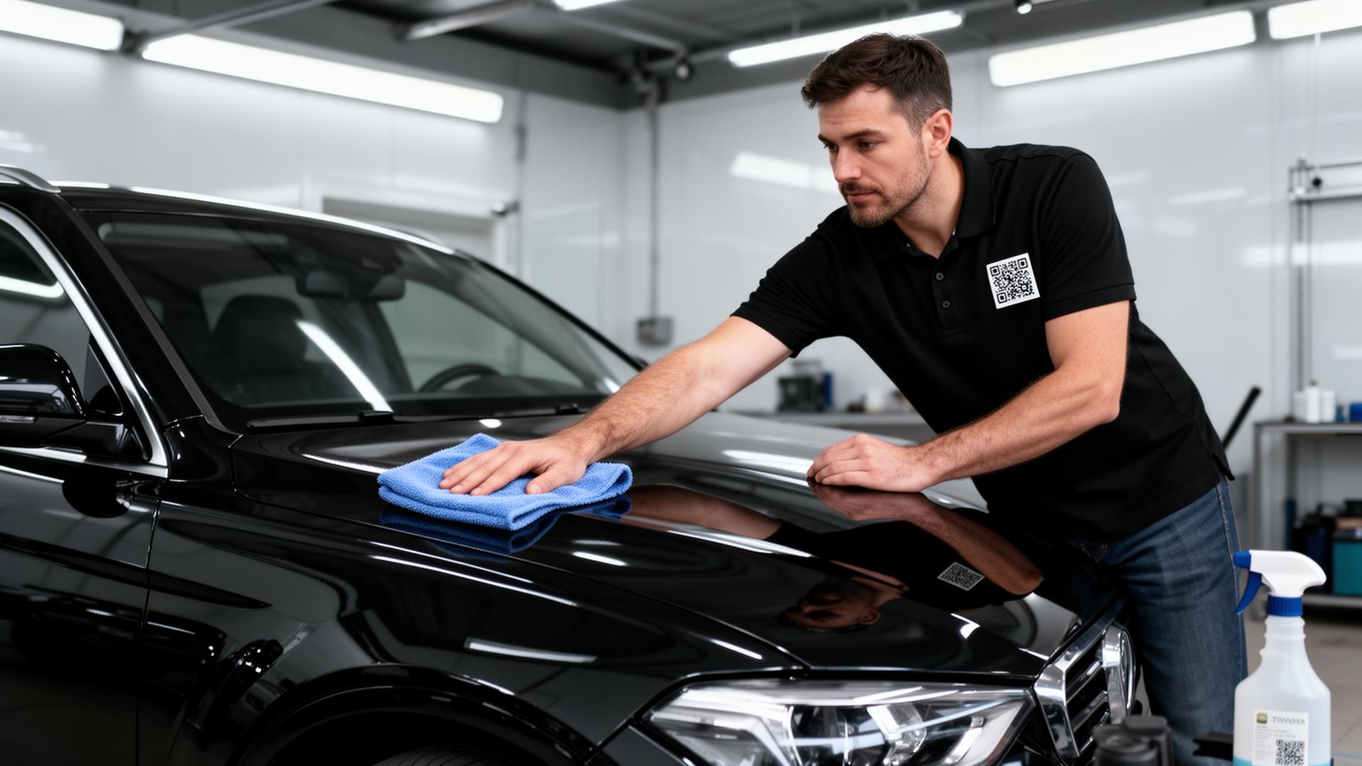 Car wash team finishing a detail with QR tipping sign