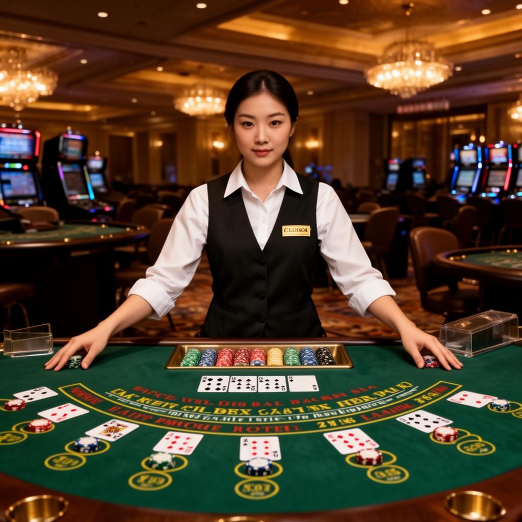 Professional casino dealer standing behind a blackjack table with chips and cards in a warm-lit casino environment