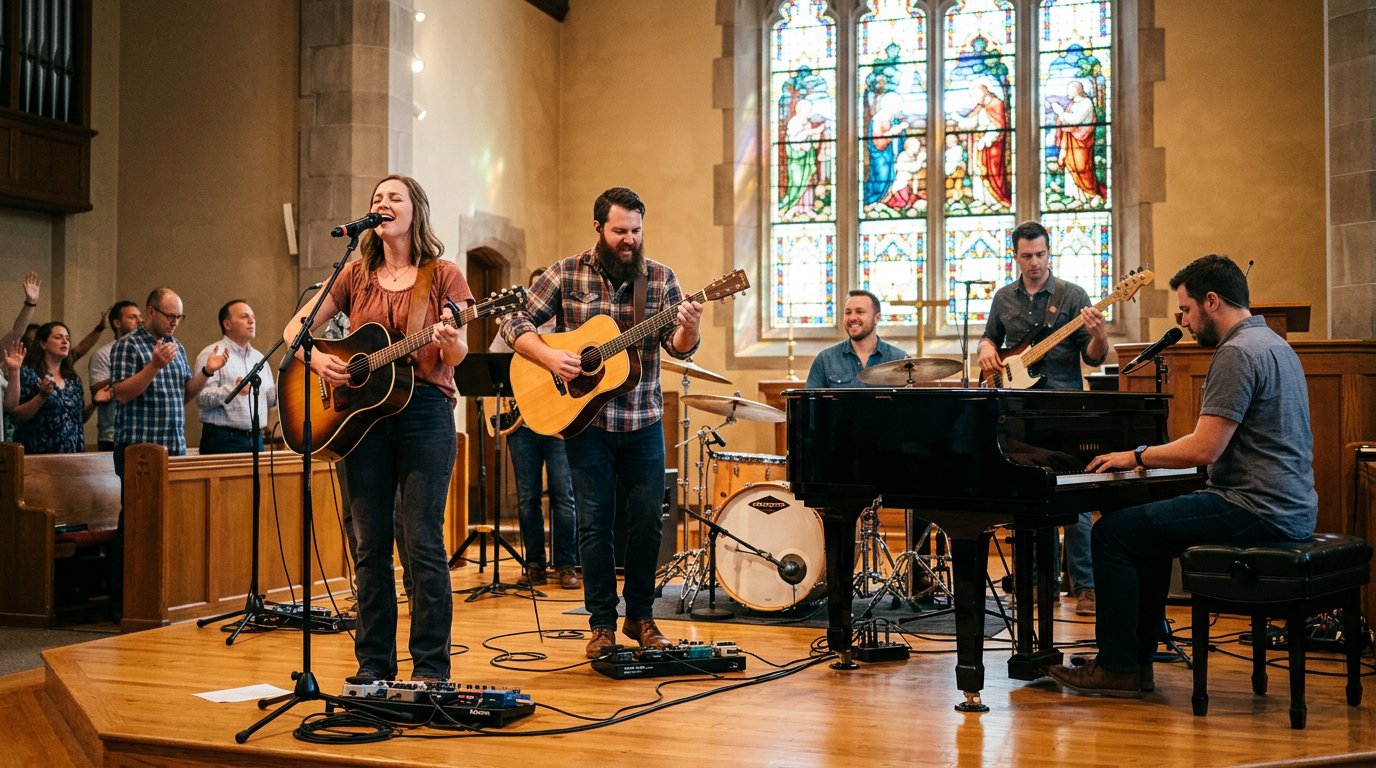 Worship band performing on a sunlit church stage with acoustic guitars and a grand piano, bathed in soft light from stained-glass windows.