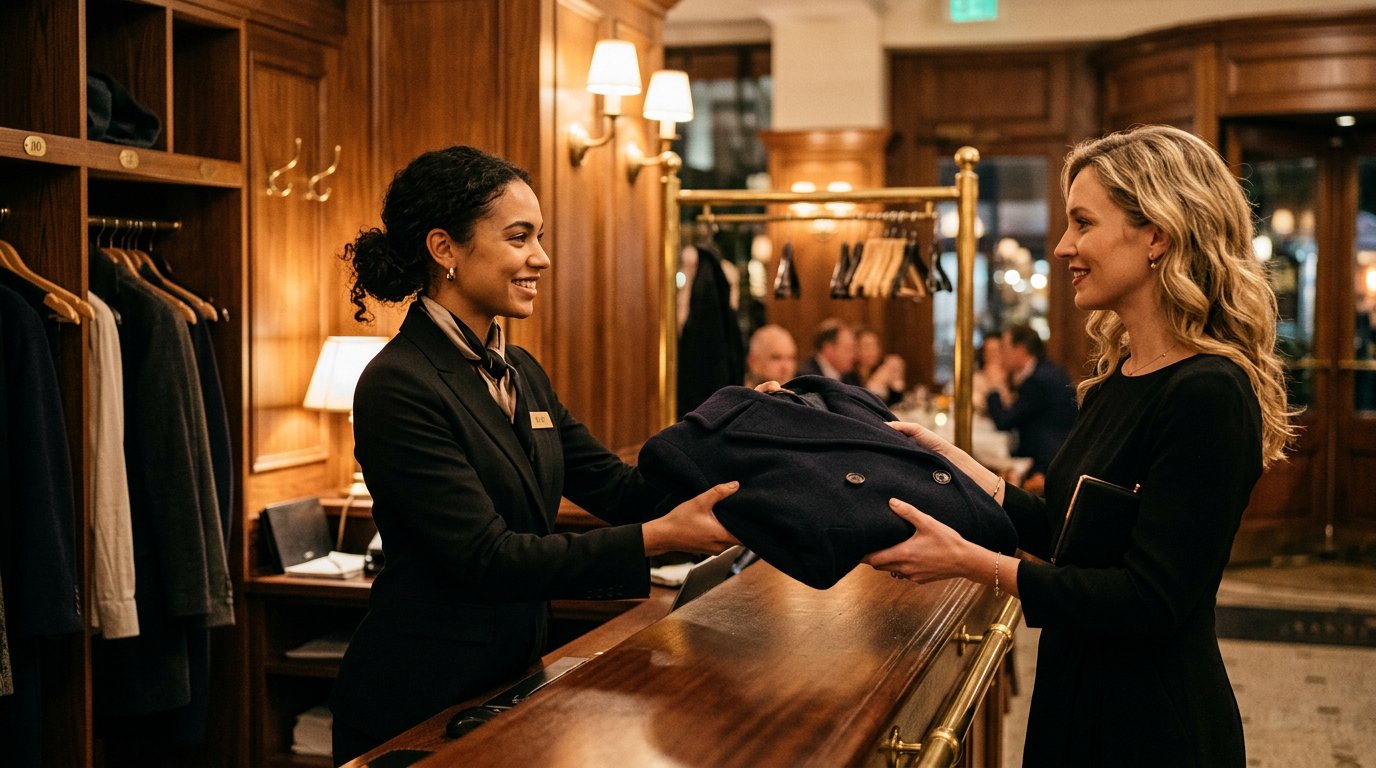 Professional coat check attendant in an upscale restaurant handing a wool overcoat to a guest under elegant, warm sconce lighting.