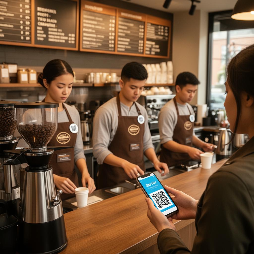 Three baristas in branded aprons with QR pins behind the counter during morning rush as customer scans a tip QR