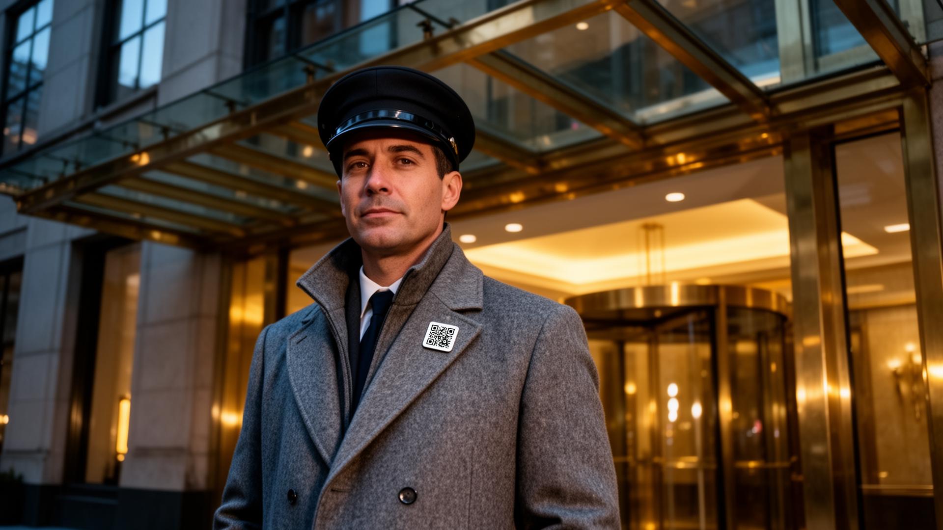 Doorman at luxury residential building with branded QR pin on lapel