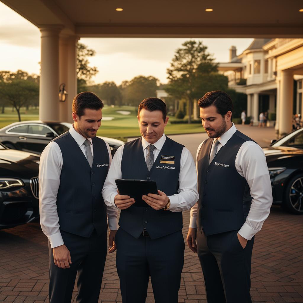 Country club valet captain reviewing tablet with two valet attendants at sunset