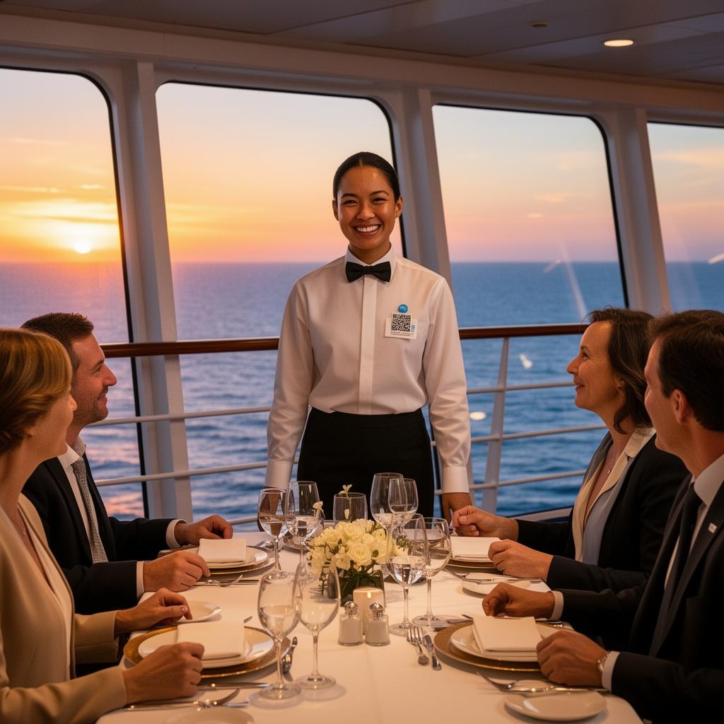Cruise ship dining steward greeting guests at a sunset dinner with QR tipping badge