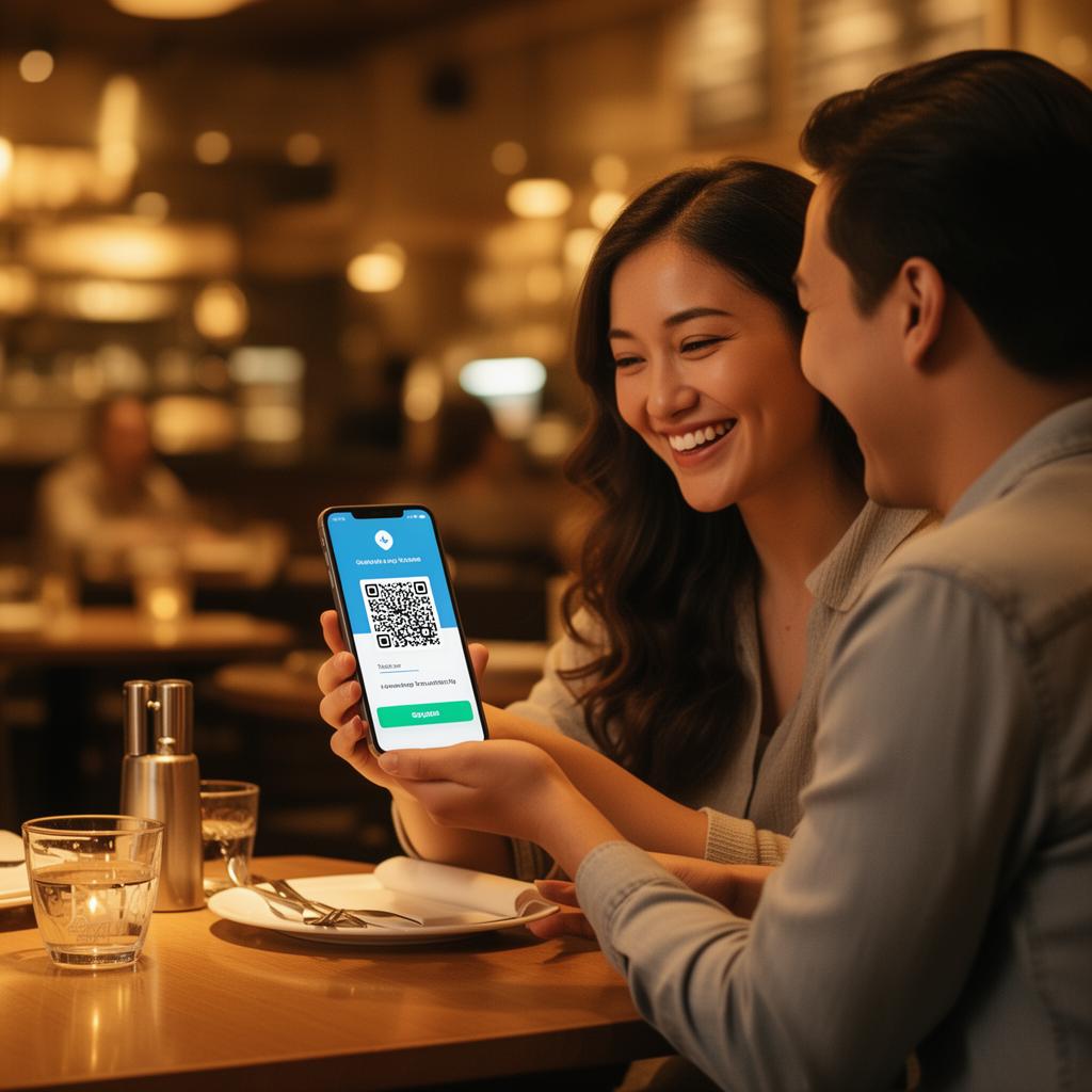 Happy customers at a restaurant scanning a QR code on their smartphone to leave a digital tip
