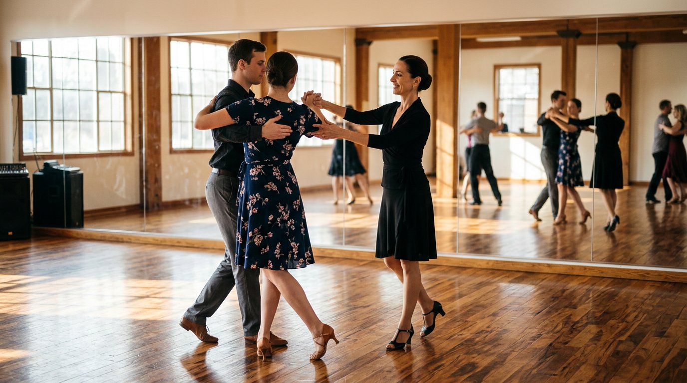Elegant ballroom dance instructor guiding a couple through a waltz step in a sunlit studio with wood floors and large wall mirrors.