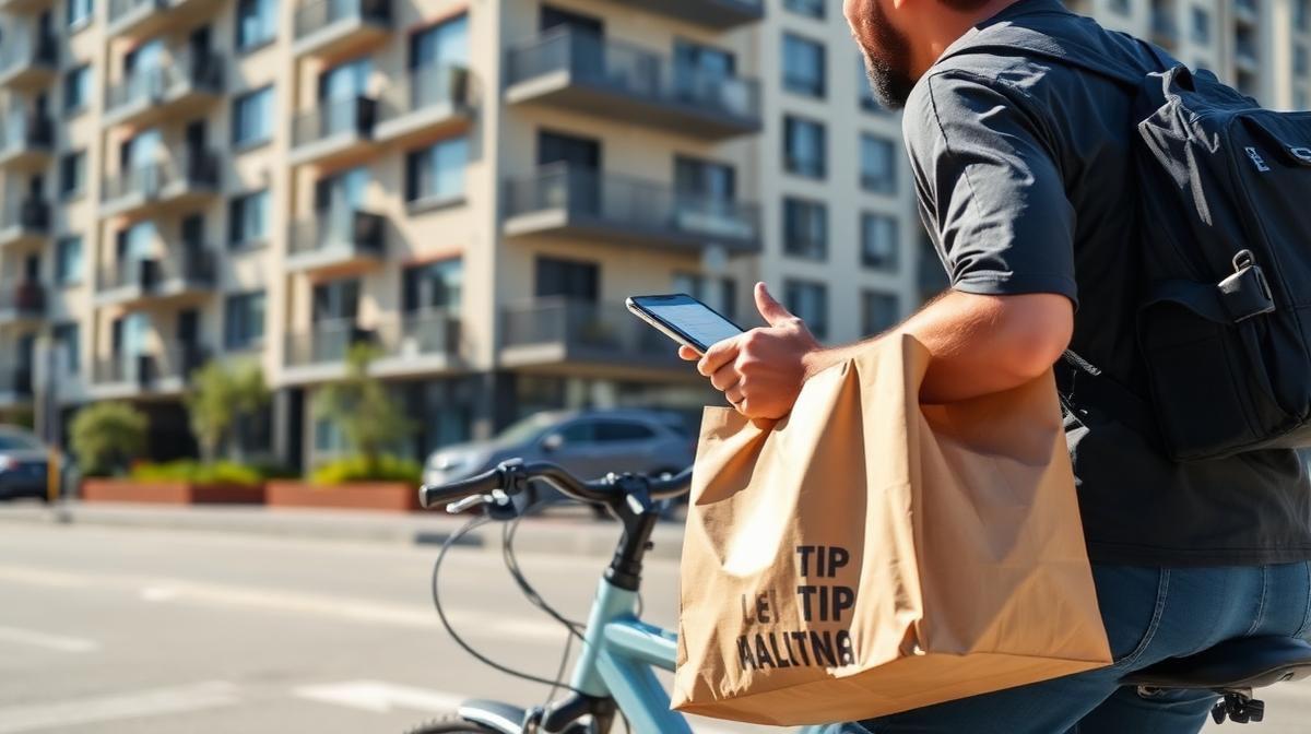 Delivery driver on a bicycle holding a food delivery bag near a city apartment building with a smartphone showing a tip page
