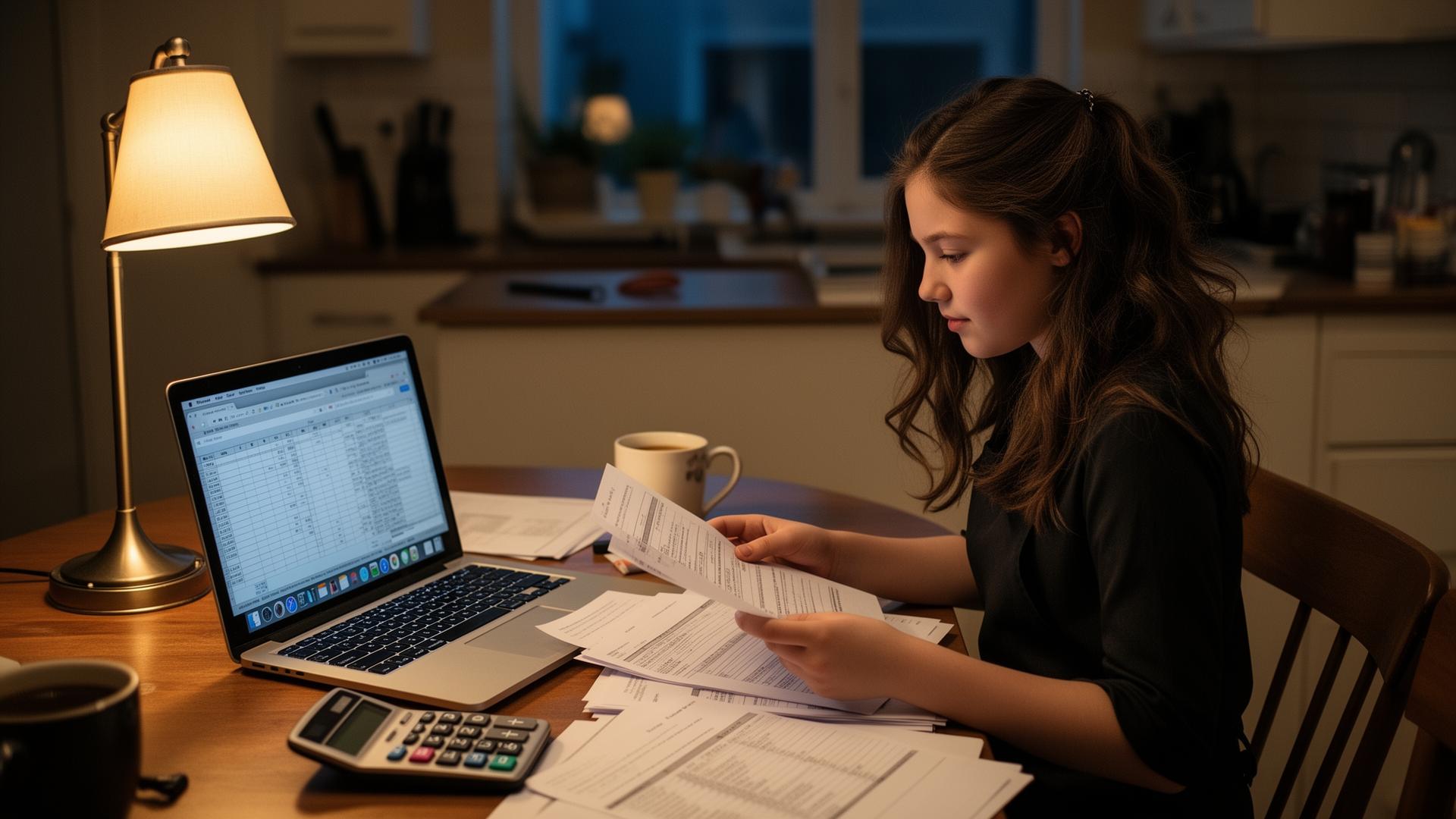 Service worker sitting at her kitchen table at night reviewing tax documents and a spreadsheet of digital tip income on a laptop