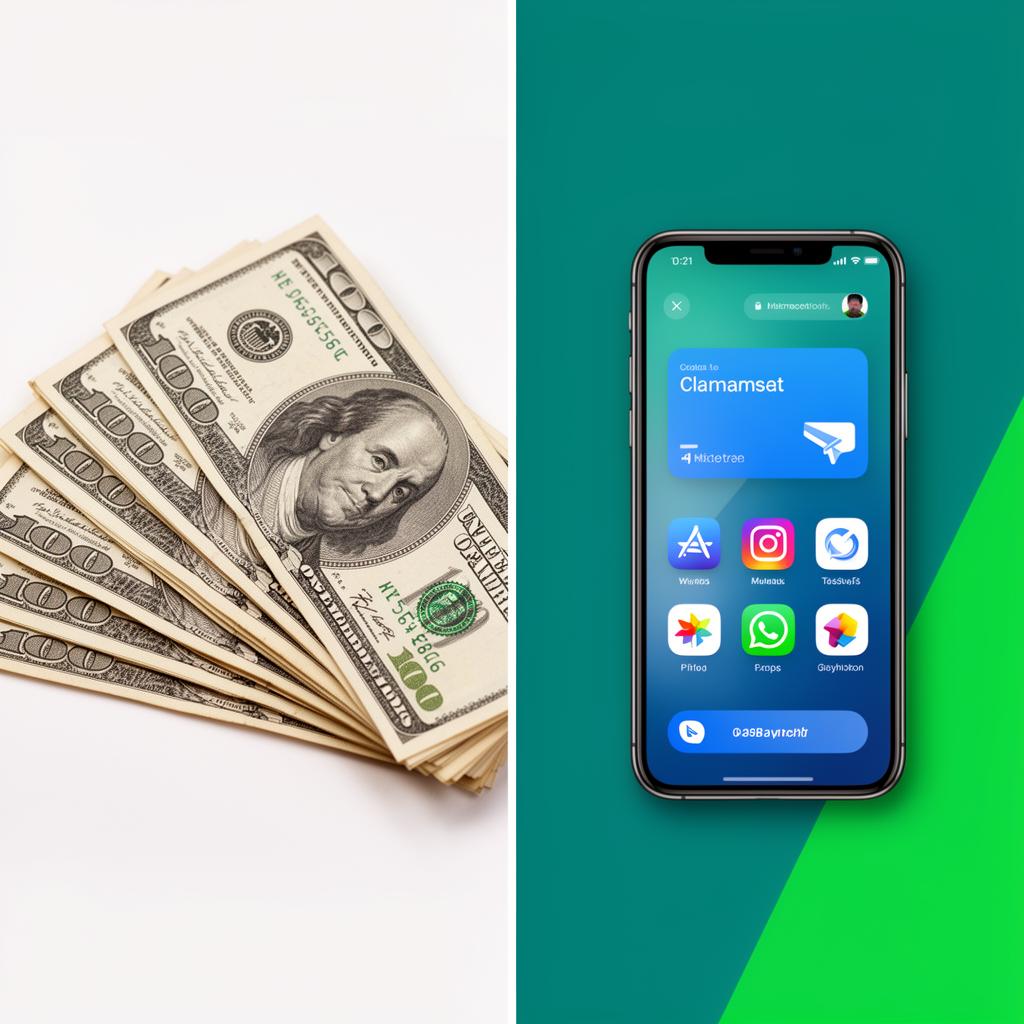 Split comparison of cash bills versus a smartphone showing digital payment apps for tipping