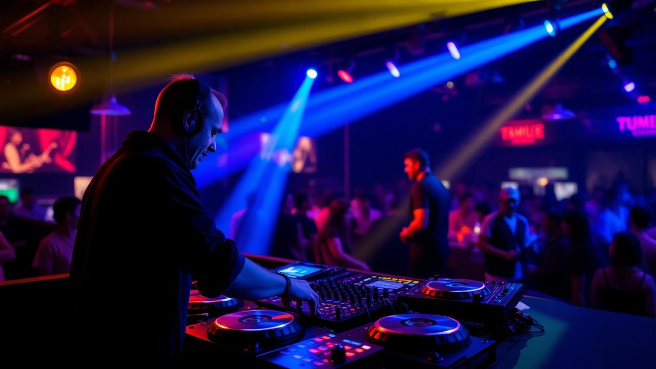 DJ performing at a club with colorful lights and a QR code displayed on the DJ booth for tipping