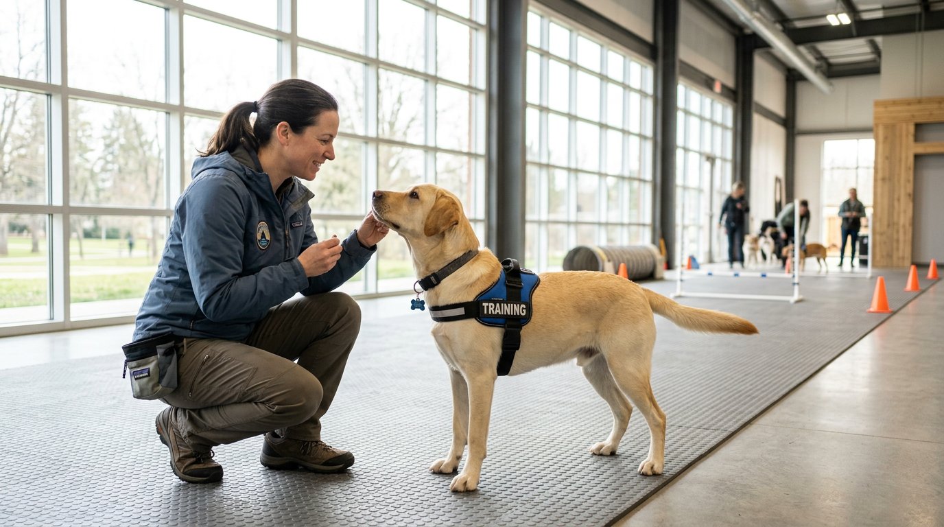 Professional dog trainer in a sunlit facility working with an attentive Labrador, showing a focused training moment in natural light.