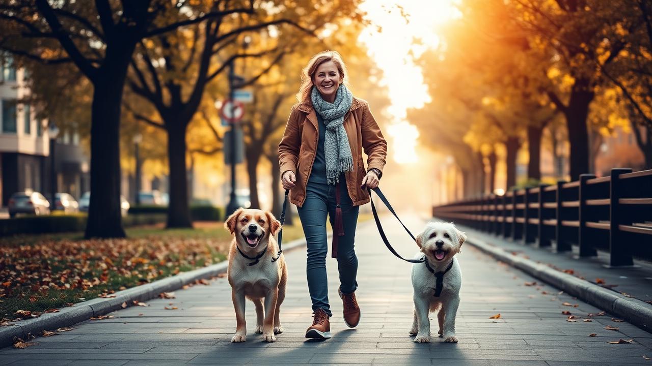 Cheerful dog walker holding leashes for three dogs on a tree-lined city sidewalk in autumn with warm afternoon light