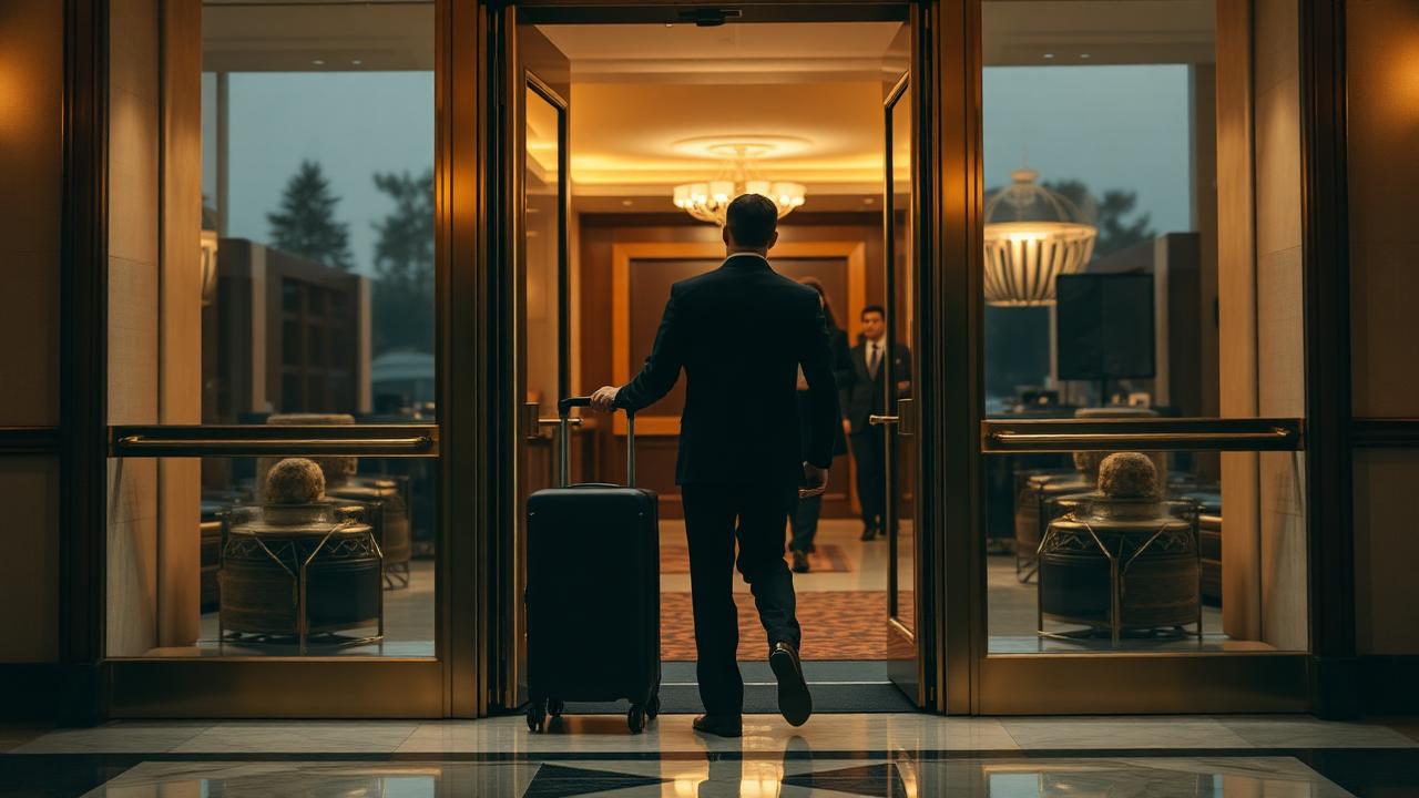 Hotel doorman in sharp uniform opening glass doors for a guest at a luxury hotel entrance at dusk with warm lobby lighting