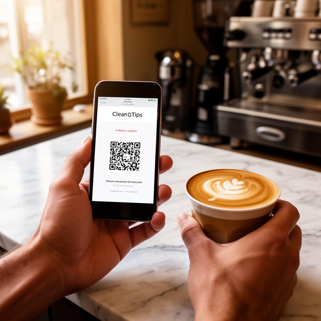 Barista holding a smartphone showing a branded QR tip page beside a freshly poured latte on a marble café counter
