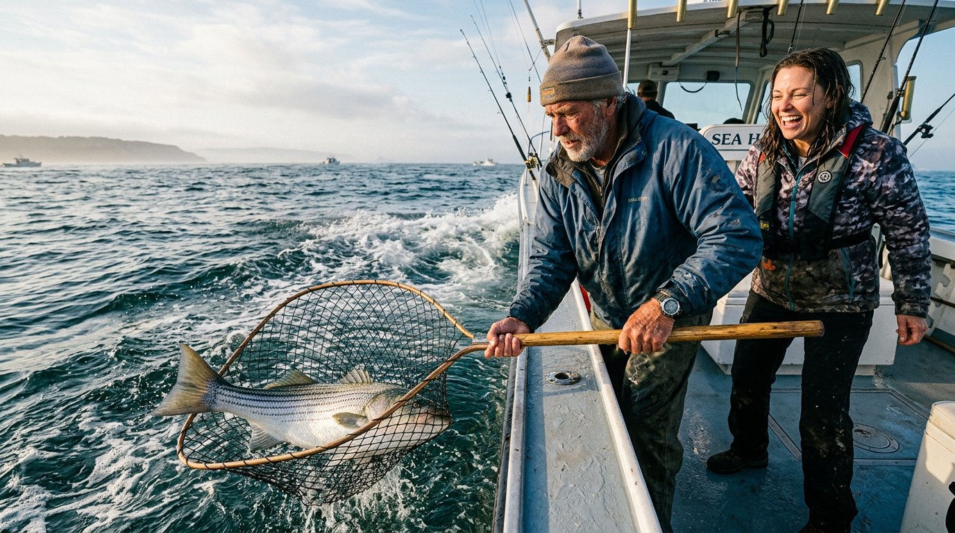 Professional fishing guide netting a large striped bass for a smiling client on a saltwater charter boat during a golden morning at sea.