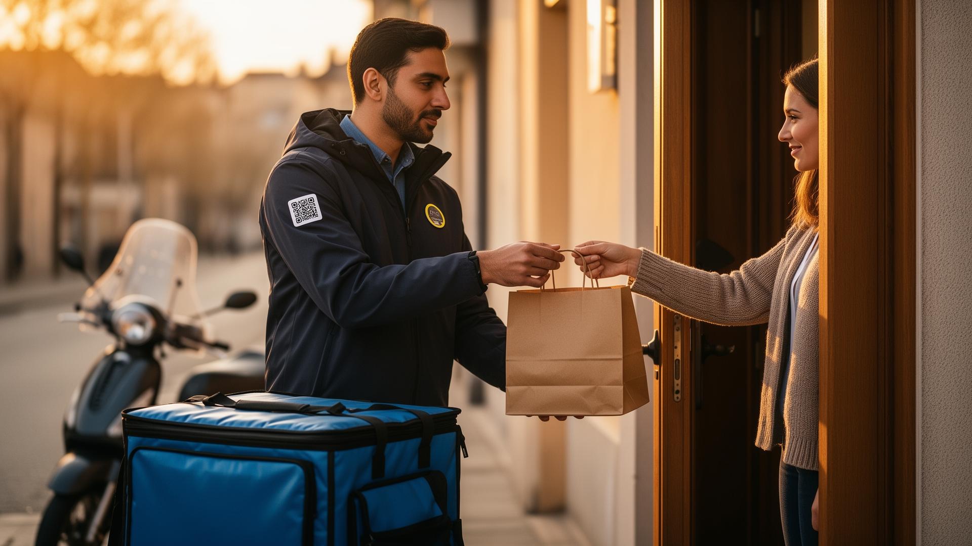 Delivery fleet manager handing a branded QR card to a driver