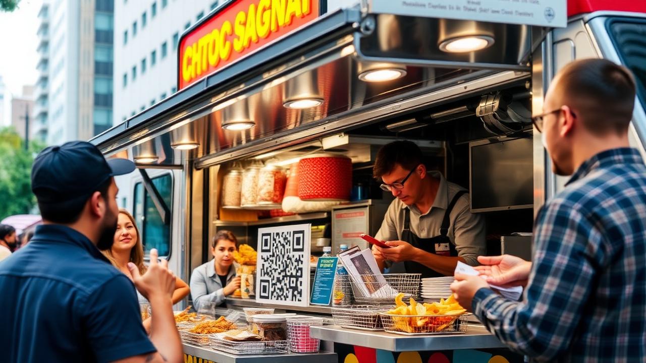 Colorful food truck with a QR code displayed on the serving window for digital tipping