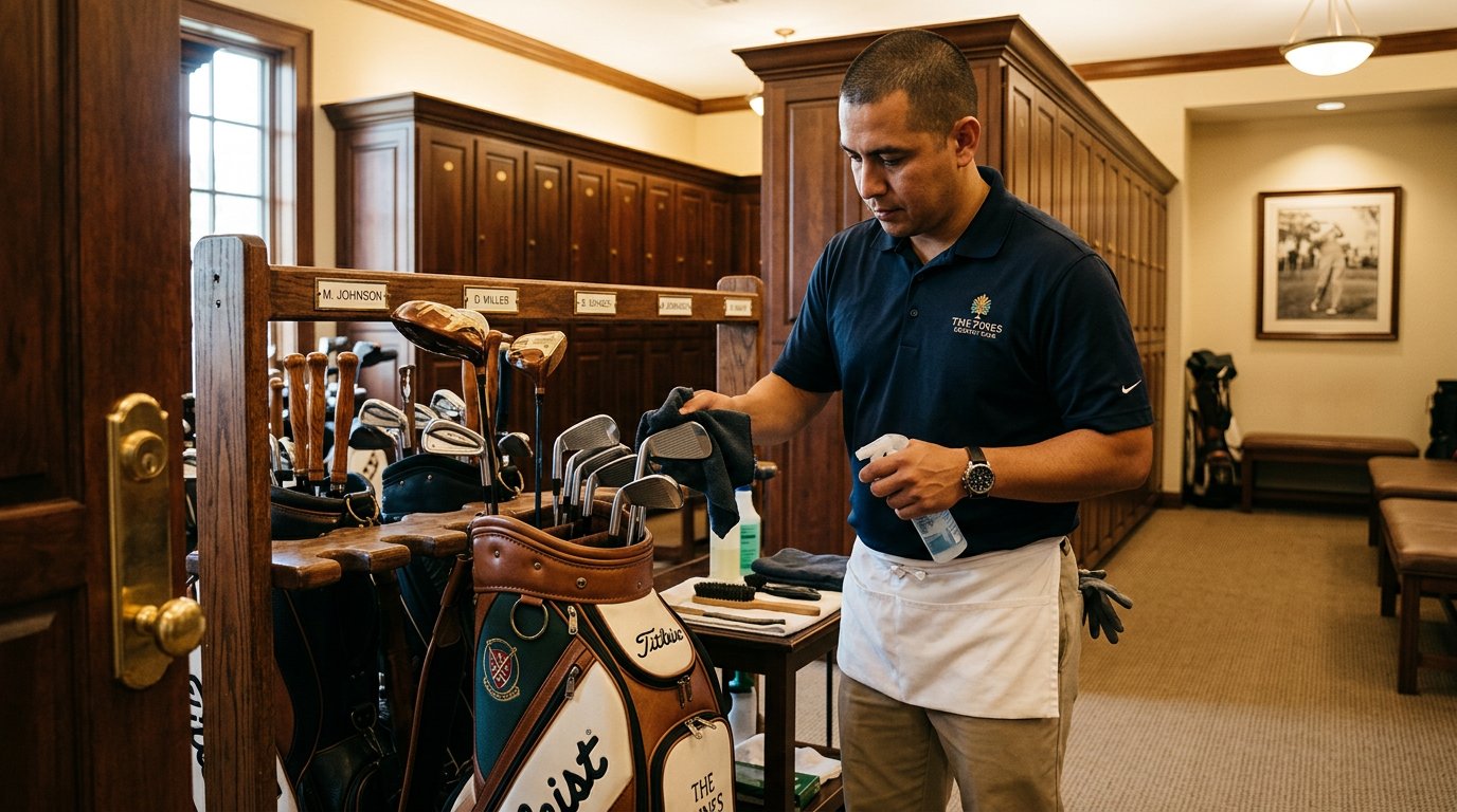 A professional country club bag room attendant carefully cleans a set of golf clubs on a rack in a well-lit, luxury locker room interior.