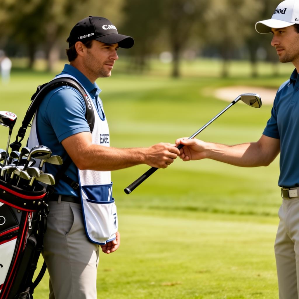 Golf caddy handing a club to a golfer on a lush green manicured fairway on a sunny day