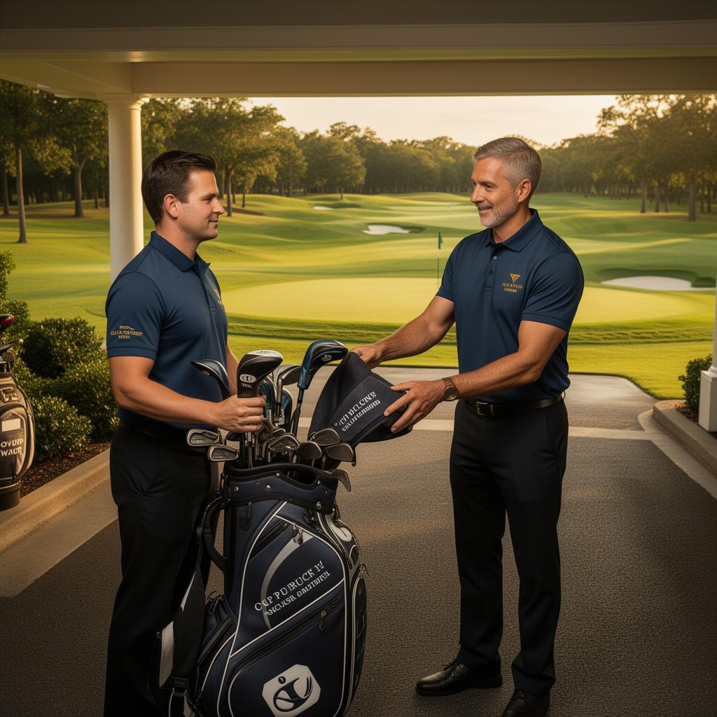 Golf course bag room attendant handing clubs to a member at the clubhouse drop-off
