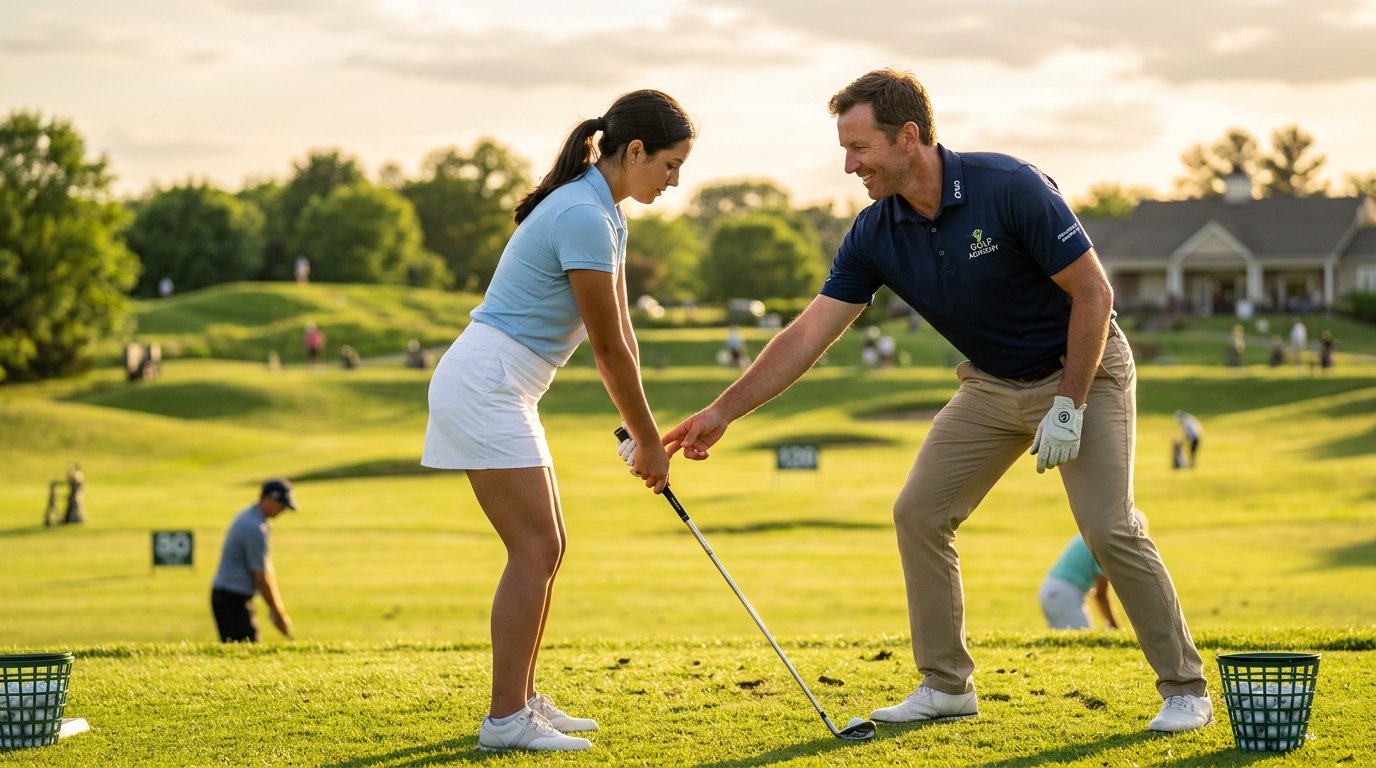 Professional golf instructor in a polo shirt coaching a student on a sunlit driving range during golden hour with a blurred green background.