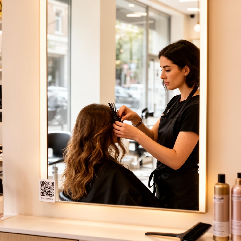 Hairstylist working on a client's hair in a modern salon with a QR code sticker visible on the mirror